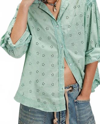 Free People Mae Washed Eyelet Shirt In Faded Green Wash