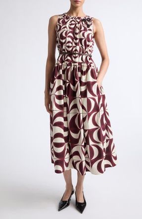 Max Mara Abstract Geo Print Belted Cotton Midi Dress in Bordeaux at Nordstrom, Size 14