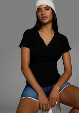 Kangaroos T-Shirt KANGAROOS, Damen, Gr. 32/34, schwarz, Rippware, Obermaterial: 100% Baumwolle, unifarben, figurbetont h&uuml;ftlang, V-Ausschnitt, gewellter Abschlu