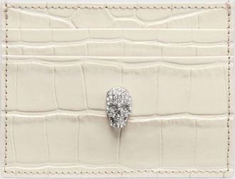 Philipp Plein Portacarte di credito in pelle stampa cocco con skull e strass