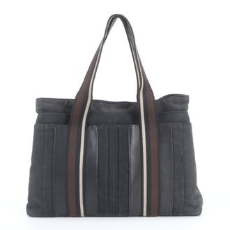 Herm&egrave;s Black Leather Canvas Shoulder Bag Tote Bag (Pre-Owned)