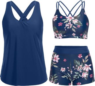 Holipick 3 Piece Tankini Swimsuits for Women Tummy Control Bathing Suits Swim Tank Top with Bra Boy Shorts Teen Swimwear, Blue Floral3, Medium
