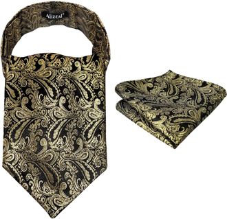 Alizeal Mens Modern Paisley Cravat & Pocket Square Set, Black+Gold