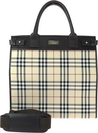 Burberry Beige Dark Brown Canvas Leather Shoulder Bag Tote Bag (Pre-Owned)