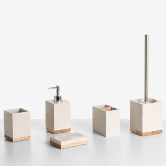 Beliani Conjunto De 5 Accesorios De Ba&ntilde;o Jabonera Dispensador De Jab&oacute;n Escobilla De Inodoro Vaso Soporte Para Cepillos De Dientes Beige Tapiche