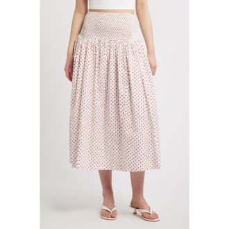 Damson Madder Layla Polka Dot Smocked Midi Skirt in White at Nordstrom, Size 14