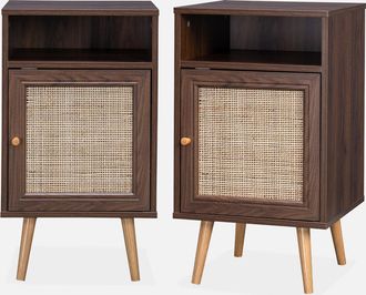 Sweeek Sweeek - Mesita De Noche Escandinava De Mimbre, Set De 2, Boheme, Madera Oscura, 39x40x70 Cm