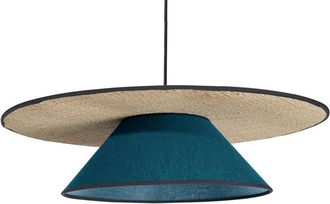 Miliboo L&aacute;mpara De Techo De Lino Azul Pavo Real Y Rafia Natural 55 Cm Azami