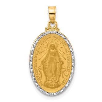 Diamond2Deal 14k Yellow Gold and White Rhodium and Satin Solid Miraculous Medal Oval Pendant