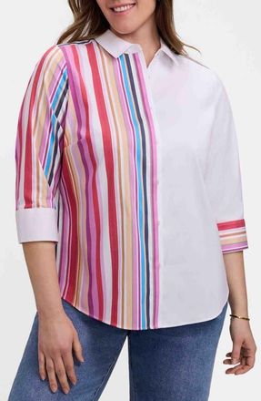Foxcroft Charlie Colorful Mixed Stripe Button-Up Shirt in Pink/White Multi at Nordstrom, Size 16W