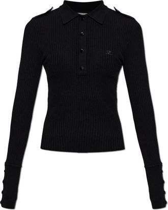 Courr&egrave;ges Logo Polo - Dames - V-hals truien - Zwart - M - Polyester - Truien & Vesten