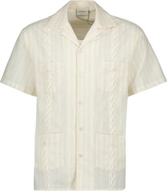 Dr&ocirc;le de Monsieur Cubaanse Beige Shirt met Gestreepte Textuur - Heren - Korte mouwen Overhemden - Beige - S - Katoen - Overhemden
