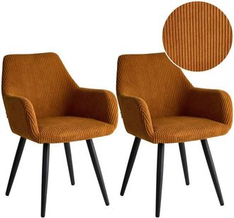 Beliani Set of 2 Corduroy Dining Accent Chairs Orange Velvet Upholstery with Armrests Metal Base Modern Design MORI