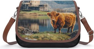 Generic Basse Castle Scottish Highlands Cow Crossbody Bag Womens Handbag PU Message Bags Shoulder Purse with Adjustable Strap