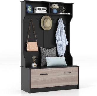Costway Costway - Perchero Entrada Recibidor Con Zapatero, 1 Solapa, 5 Ganchos Dobles, 100 X 40 X 160 Cm, Armario De Entrada, Armario Recibidor (negro)