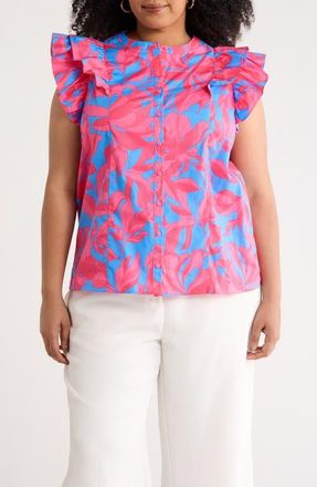 Sugarlips Floral Sammi Cotton Button-Up Top in Pink-Blue at Nordstrom, Size 3X
