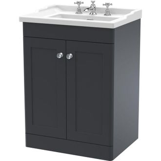 Nuie Nuie - Classique Floor Standing 2-Door Vanity Unit with Traditional Basin 600mm Wide Satin Anthracite - 3 Tap Hole