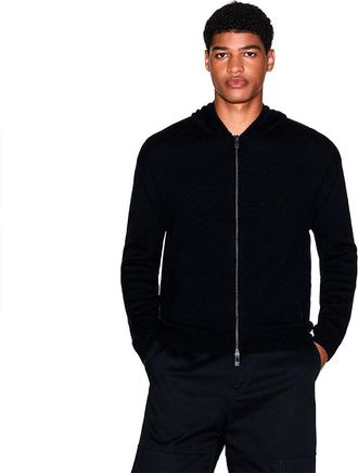 A|X Armani Exchange Mens Cozy, Long Sleeve Back Logo Patch Hood Cardigan Sweater, Black, XL