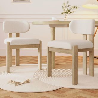 Merax Set of 2 Boucl&eacute; Dining Chair with Solid Wood Frame, Curved Backrest in Natural