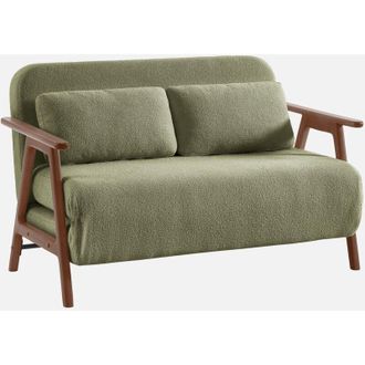 Sweeek Sof&aacute; Cama Convertible En Borreguito Y Madera Te&ntilde;ido Nogal, 2 Plazas