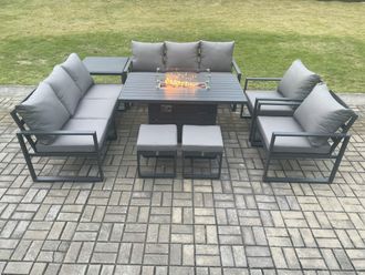 Fimous Aluminium Outdoor Garden Furniture Set Patio Lounge Sofa Gas Fire Pit Dining Table Set with 2 Small Footstools Side Table Dark Grey