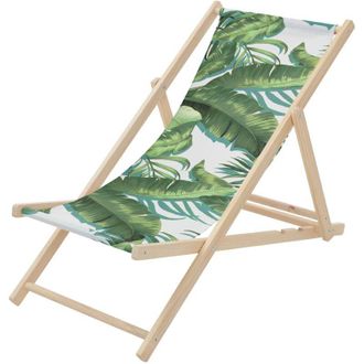 ECD Germany ECD Germany Sedia a Sdraio Pieghevole in Legno con Tessuto Traspirante Verde-Bianco Tropicale, Schienale Reclinabile in 3 Posizioni, Lettino Relax