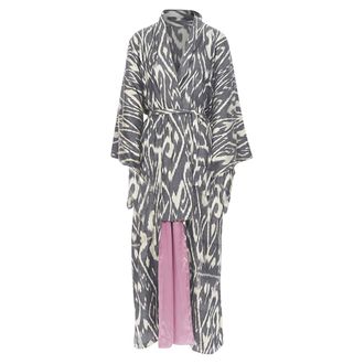 Oscar De La Renta SS19 Runway brown black leopard pink silk lined kimono L