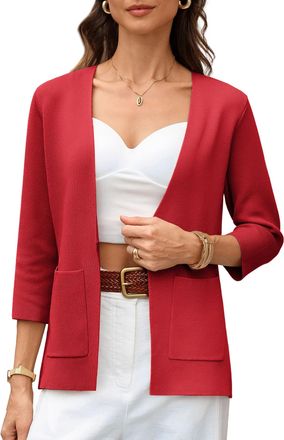 Grace Karin Women Elegant Cardigans Spring Soft Knit Long Sleeve Blazer Jacket with Pockets M Red