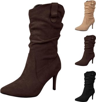 Generic Womens Pointed Toe Heel Boots Stiletto Heels Mid-Calf Boots Slouchy Comfort Rouched Shoes Ladies Pull On Suede Winter Dress Shoes for Dates, Weddings,