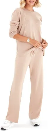 Accouch&eacute;e Effortless Elegance Set with Rib Side Zip Long Sleeve Top & Lounge Pants in Beige at Nordstrom