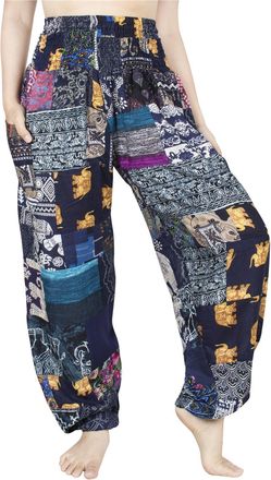 Lofbaz Womens Smocked Waist Floral Rayon Yoga Boho Patch Harem Pants - Blue - OS