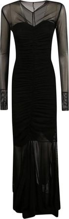 Norma Kamali Kleedjes, Dames, Zwart, S, Polyester, Lange Mouw V-Hals Gekrulde Voorkant Fishtail Avondjurk