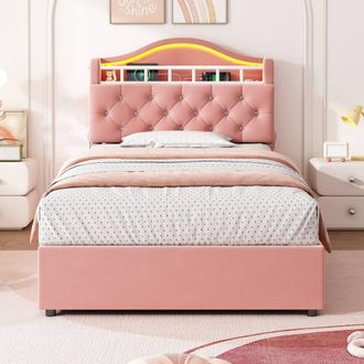 Merax 3ft Single Hydraulic Storage Bed, LED Bed Frame with Charging Station in Pink