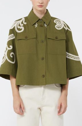 Max Mara Como Embroidered Detail Cotton Jacket in Kaki at Nordstrom, Size 14