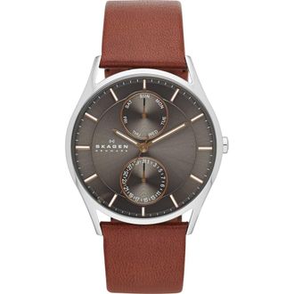 Skagen Holst Multifunction Leather Strap Watch, 40mm in Saddle/Charcoal at Nordstrom