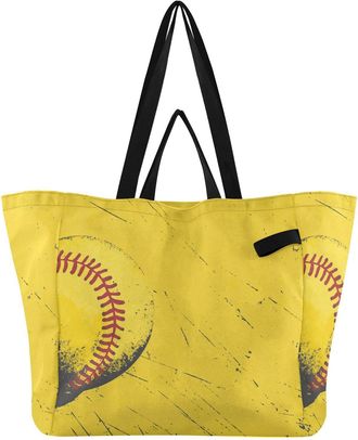 Generic Softball Yellow print Reusable Canvas Tote Bag, Heavy Duty Grocery Shopping Bag with Large Capacity Double Handles Hard Bottom Work Groceries Travel