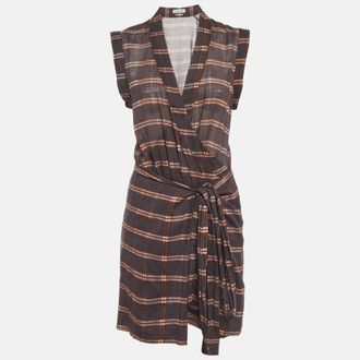 Isabel Marant Etoile Grey Plaid Print Cotton Sleeveless Wrap Dress