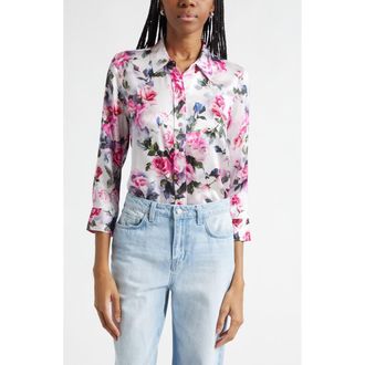 L'agence Dani Floral Print Three-Quarter Sleeve Silk Button-Up Shirt in Pink Multi Water Rose at Nordstrom, Size X-Small