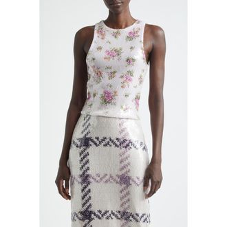 Brandon Maxwell The Noemi Paillette & Cashmere Floral Tank in Pink Floral /Oatmeal at Nordstrom, Size Medium