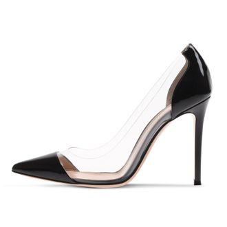 EDEFS Womens Stiletto Heel Pumps 4 Inch High Heel Slip On Design Pointed Toe with Transparent Clear PVC & Patent Leather Work Wedding Party Outfits Black UK