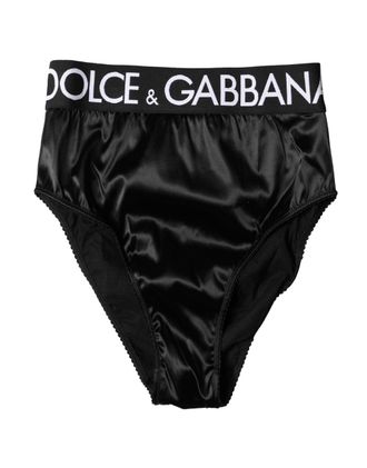 Dolce & Gabbana Black Satin High-Waist Brief Logo Women Underwear Acetate Elastane Nylon Clothing