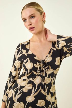 Roman Floral Gathered Stretch Midi Dress