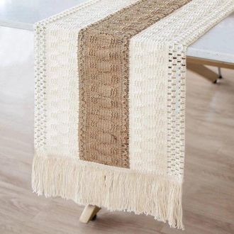 OEM Camino De Mesa Bohemio - Camino De Mesa De Algod&oacute;n Y Yute Con Flecos - 30 X 300 Cm - Decoraci&oacute;n De Mesa R&uacute;stica - Estilo Campestre