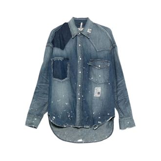Miharayasuhiro Denim Shirts, male, Blue, XS, Blue Paint Splatter Patchwork Shirt