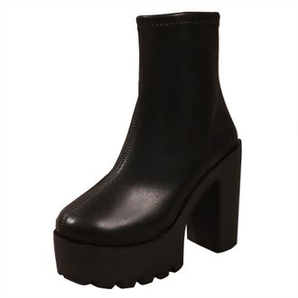 Generic Black Womens Boots with Thick Sole Solid Color Thick Heel High Heels Round Toe Mid Calf for Comfortable Fit