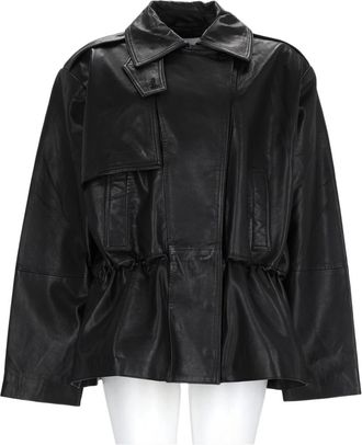 Rotate Black Structured Flap Detail Lambskin Leather Jacket
