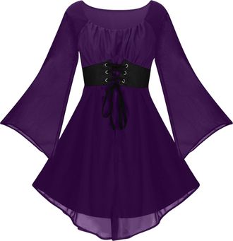 Generic Purple Womens Happy Festival Halloween Long Bell Sleeve Dresses for Ladies Square Neck Lace Midi Mini Short Loose Fit Victorian Goth Grunge Fall Summe