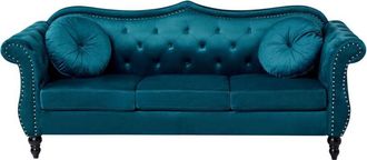 Beliani Sofa Teal Velvet 3 Seater Nailhead Trim Button Tufted Throw Pillows Rolled Arms Glam SKIEN