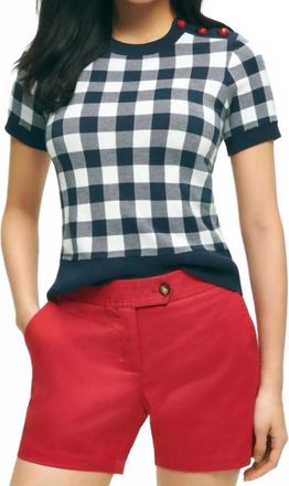 Brooks Brothers Gingham Ladybug Button-Shoulder Short-Sleeve Sweater In Navy