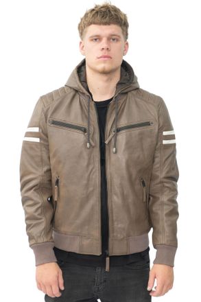 Infinity Leather Mens Hooded Retro Bomber Jacket - Skopje - Brown - Size Medium
